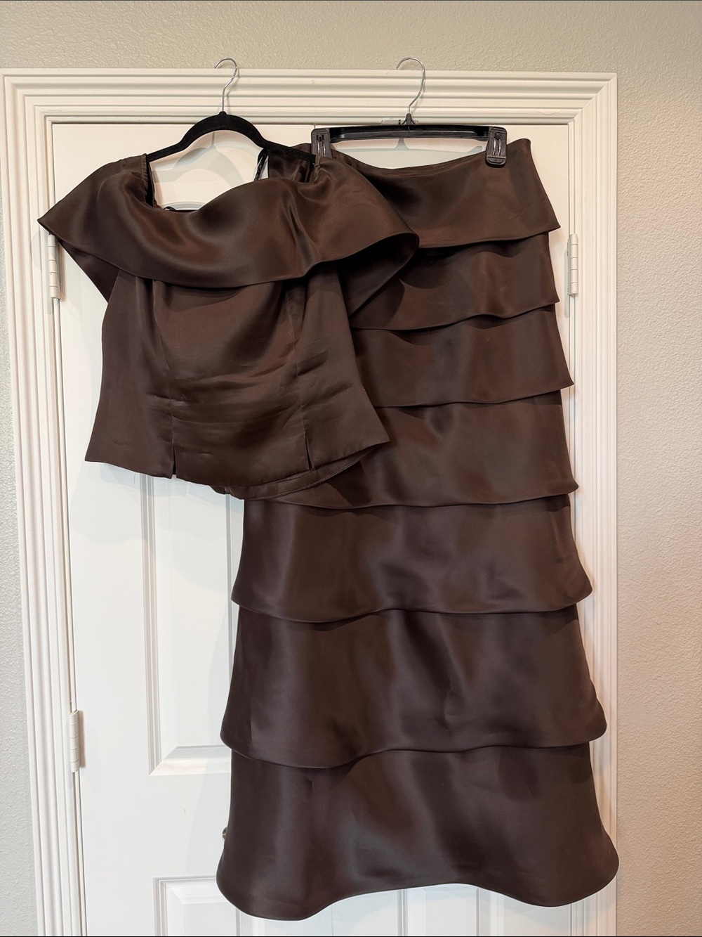 Chetta B Off-Shoulder Tiered 100% Silk Dress in Chocolate Brown